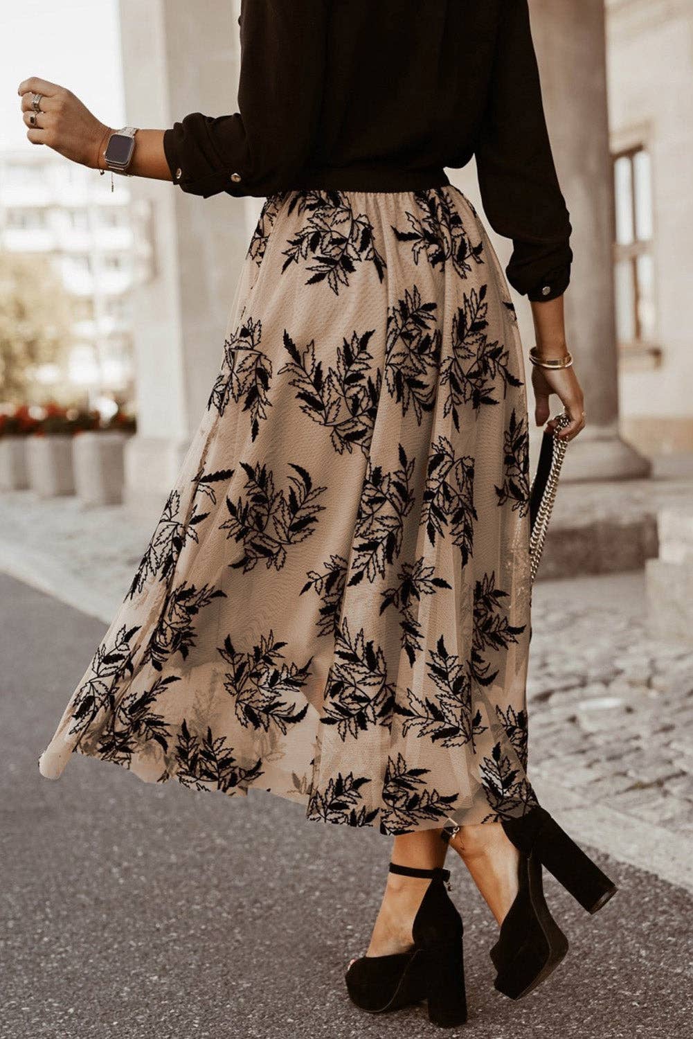 Lovesoft - Apricot Floral Leaves Embroidered High Waist Maxi Skirt