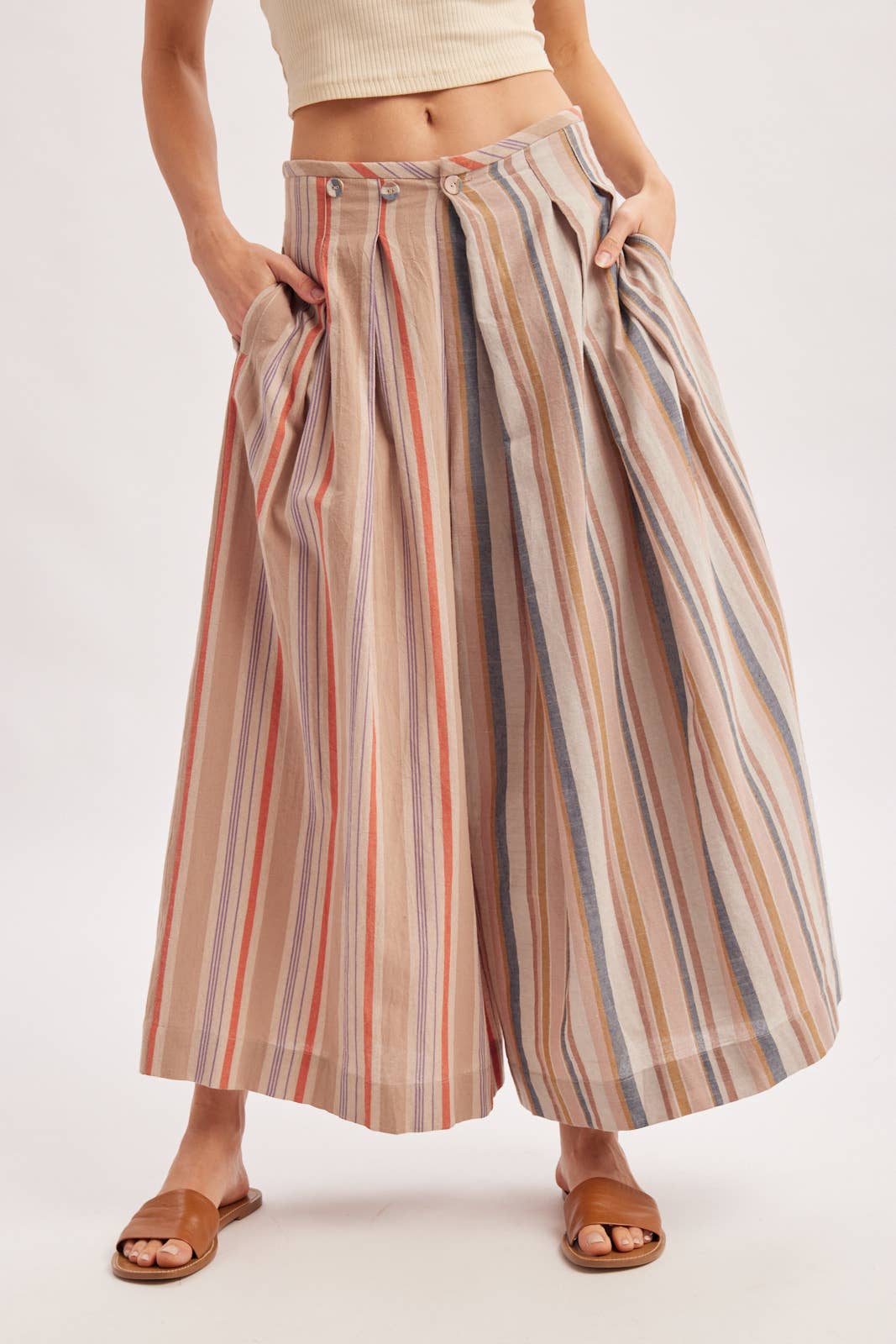 Bluivy - MULTI-STRIPE PLEATED FRONT WIDE-LEG PANTS