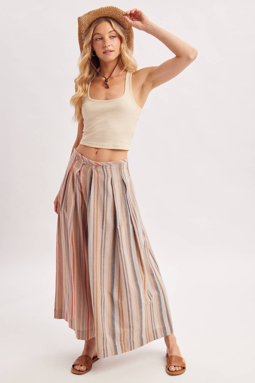 Bluivy - MULTI-STRIPE PLEATED FRONT WIDE-LEG PANTS