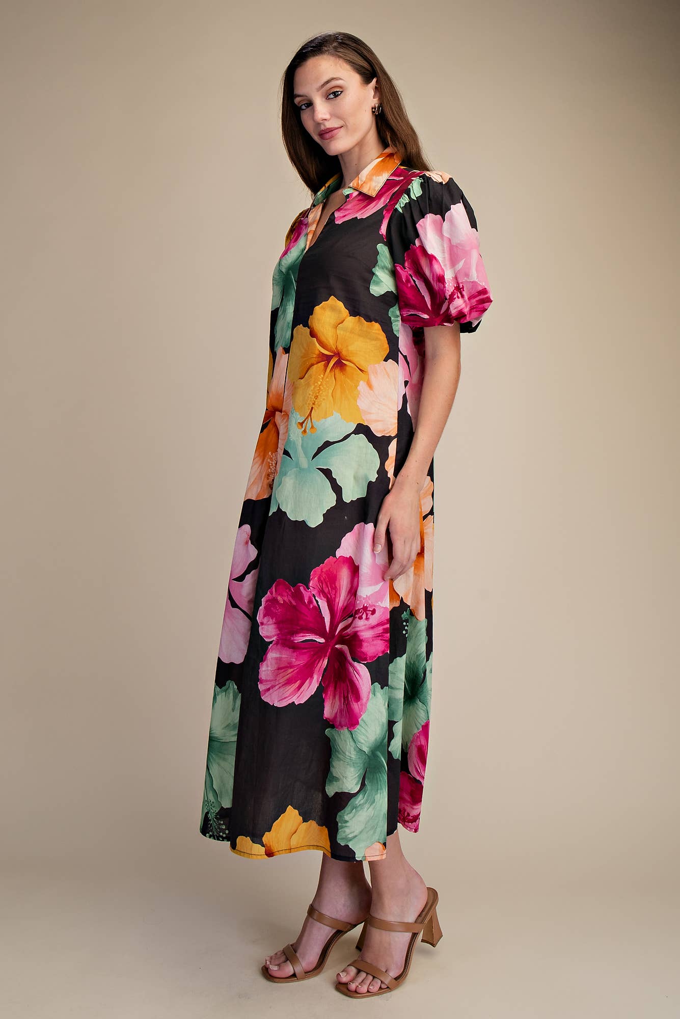 Glam - Collar V-Neck Pleated Midi Dress
